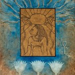 Shadow of Sekhmet, Kathleen Thoma, collagraph, linocut, chine College, 15x11 in.