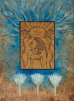 Shadow of Sekhmet, Kathleen Thoma, collagraph, linocut, chine College, 15x11 in.
